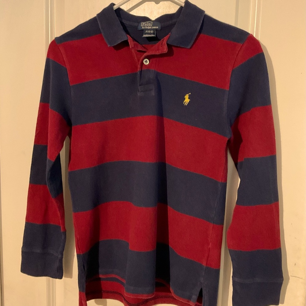🔥🏇Polo Ralph Lauren Boy Navy and Burgundy Striped Long Sleeve Shirt